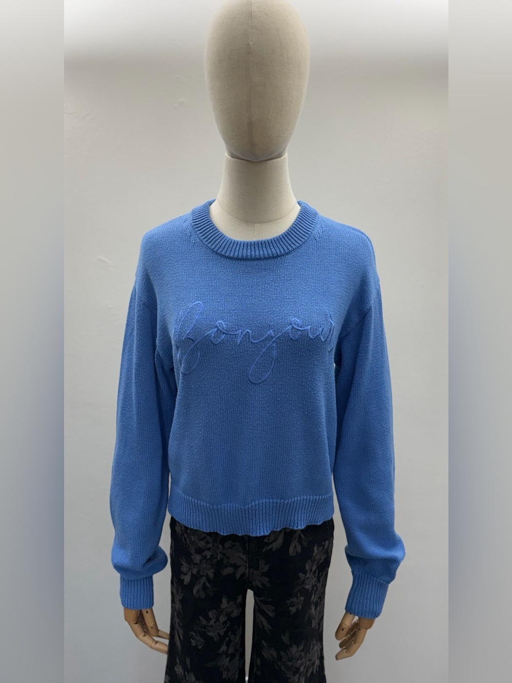 Active USA Blue Bonjour Embroidered Crew Neck Knit Sweater Size L